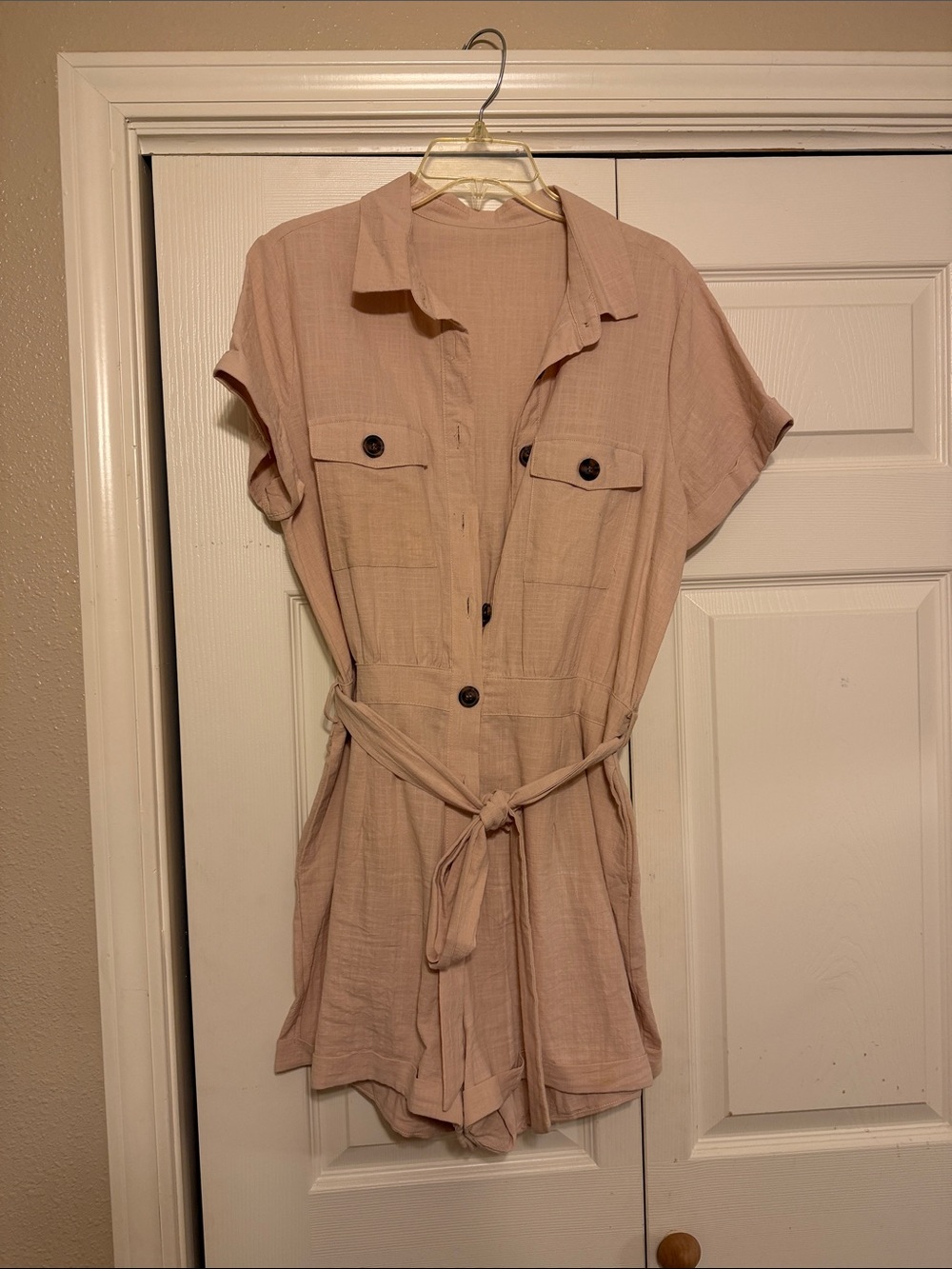 Light Blush Short Sleeve Utility Romper with Belt